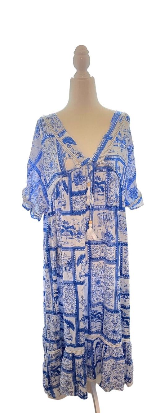 True Destination Women's XL Blue White Toile Print Tiered Midi Dress Boho Resort